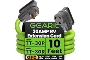GEARit 30-Amp Extension Cord for RV and Auto, (10-Feet) 3-Prong 125-Volt 10/3 STW 10AWG Gauge 3 Wire, NEMA TT-30P to TT-30R, 