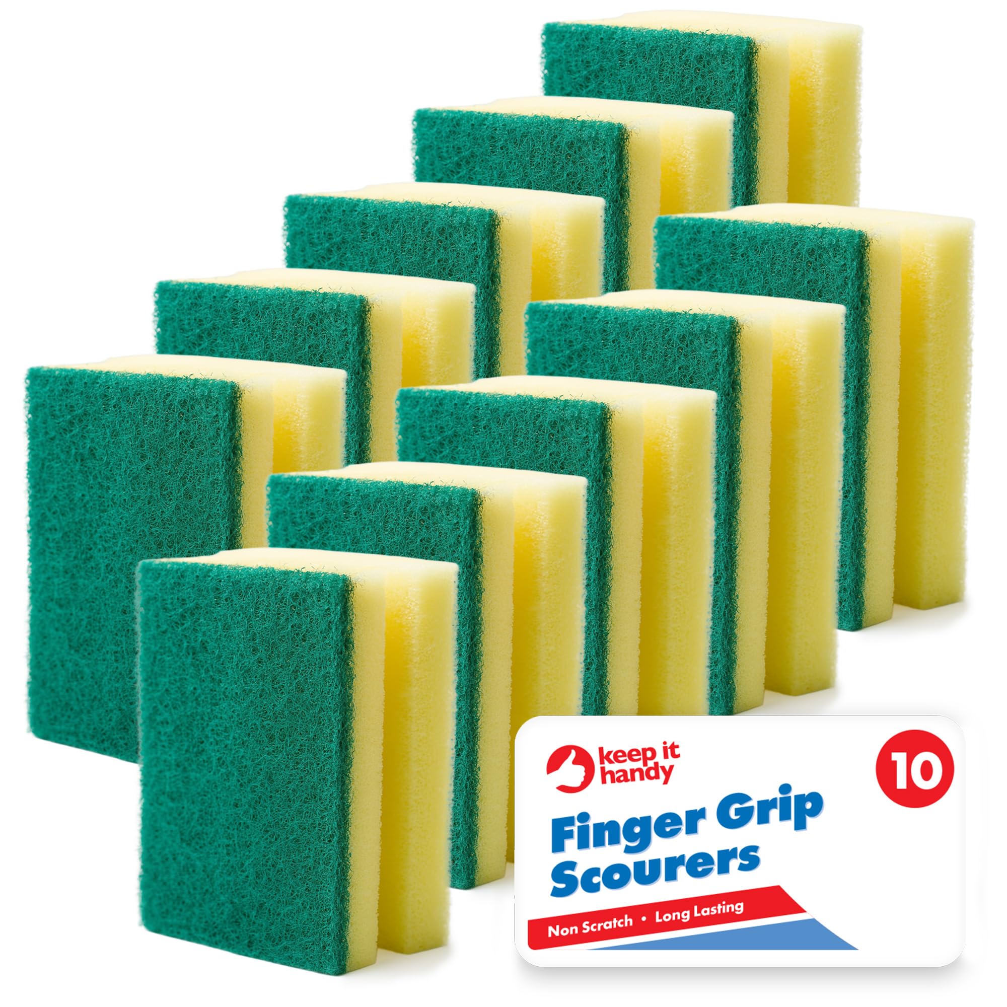 SOL 10pk Finger Grip Scourers, Heavy Duty Kitchen Sponges Washing Up Scourer, Non-Scratch Design, Ergonomic Grip for Comfortable Cleaning, Perfect for Pots, Pans, Dishes, and Household Surfaces