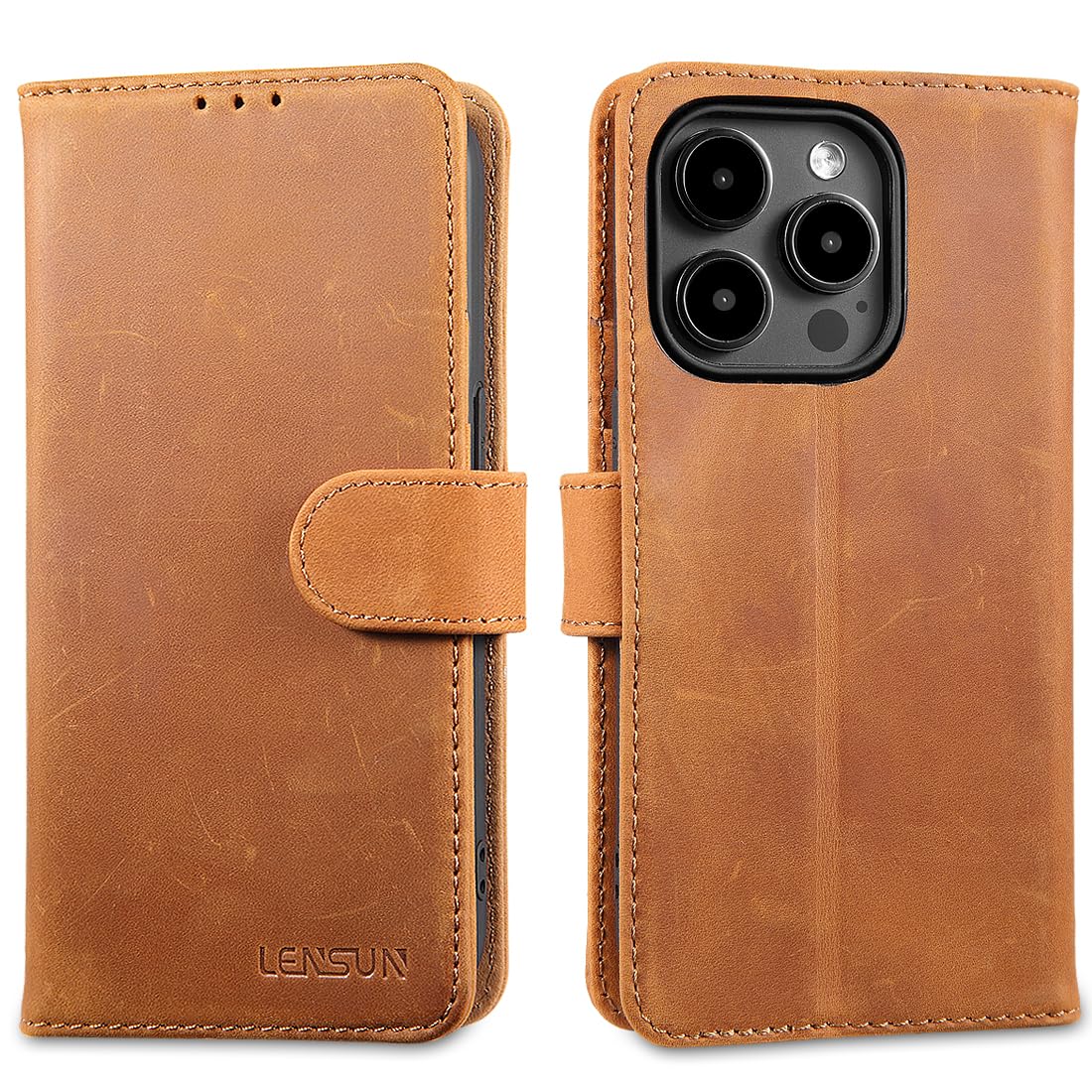 LENSUN Flip Case for iPhone 15 Pro, Genuine Leather Wallet Phone Cover [RFID Blocking] with Card Holder and Magnetic Closure Compatible with Apple iPhone 15 Pro - Vintage Brown — image 1