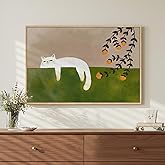 Framed Neutral and Green Wall Art for Bedroom Decor, Large Cozy Cat Canvas Painting Artwork for Room Walls, Green Picture Print for Dining Room Nursery Guest Room Hallway Wall Art Decor, 24x36 Inch