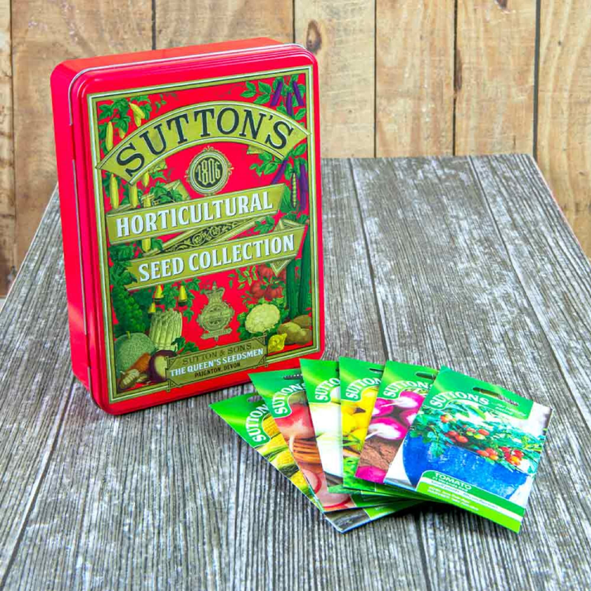 Suttons 1806 Heritage Red Seed Storage Tin Plus Vegetable Lovers' Seed Collection x 8 Seed Packets