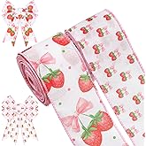 Pineraap 2 Rolls 10 Yards Strawberry Bow Wired Edge Ribbon 2.5 Inch Pink Red Coquette Craft Ribbon Summer Fruit Fabric Ribbon for Gift Wrapping DIY Wreath Bow Girls Party Baby Shower Decoration