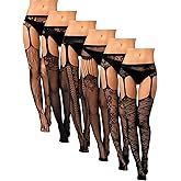Geyoga 6 Pairs Garter Stockings for Women Fishnet Tights Lace Thigh High Stockings Suspender Pantyhose Lingerie for Women