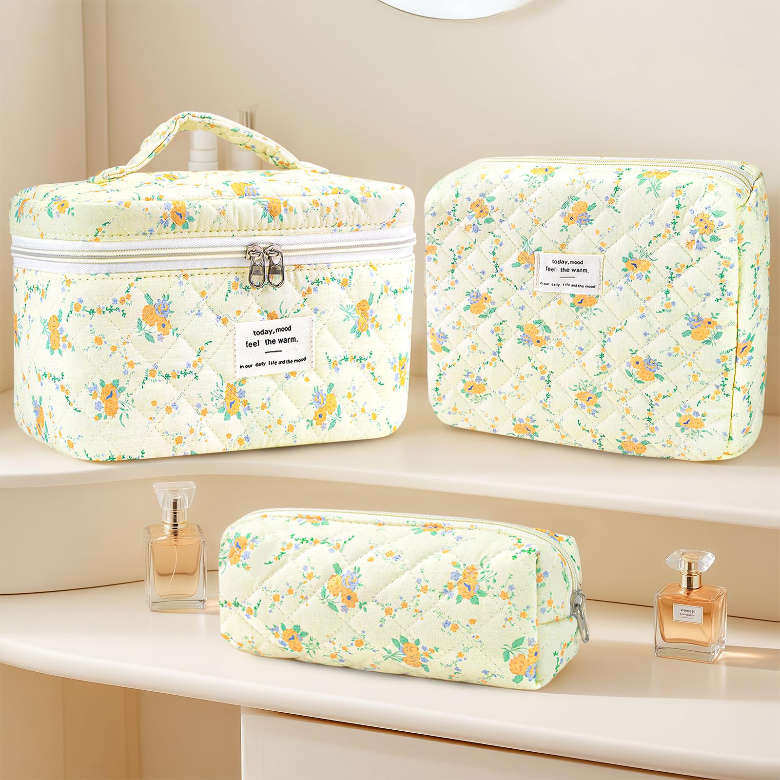 Givurao 3Pcs Cotton Quilted Makeup Bag for Women Girls, Large Floral Cosmetic Bag Set Cute Makeup Brushes Aesthetic Accessories Storage Bag Yellow Daylily Flower Travel Toiletry Bag Organizer
