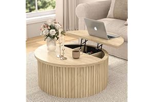 Fsbecl Lift Top Coffee Table with Storage, Round Coffee Tables for Living Room, 34.6'' Farmhouse Fluted Coffee Table, Wood Center Table with Large Hiddern Storage Compartment (Wood Color)