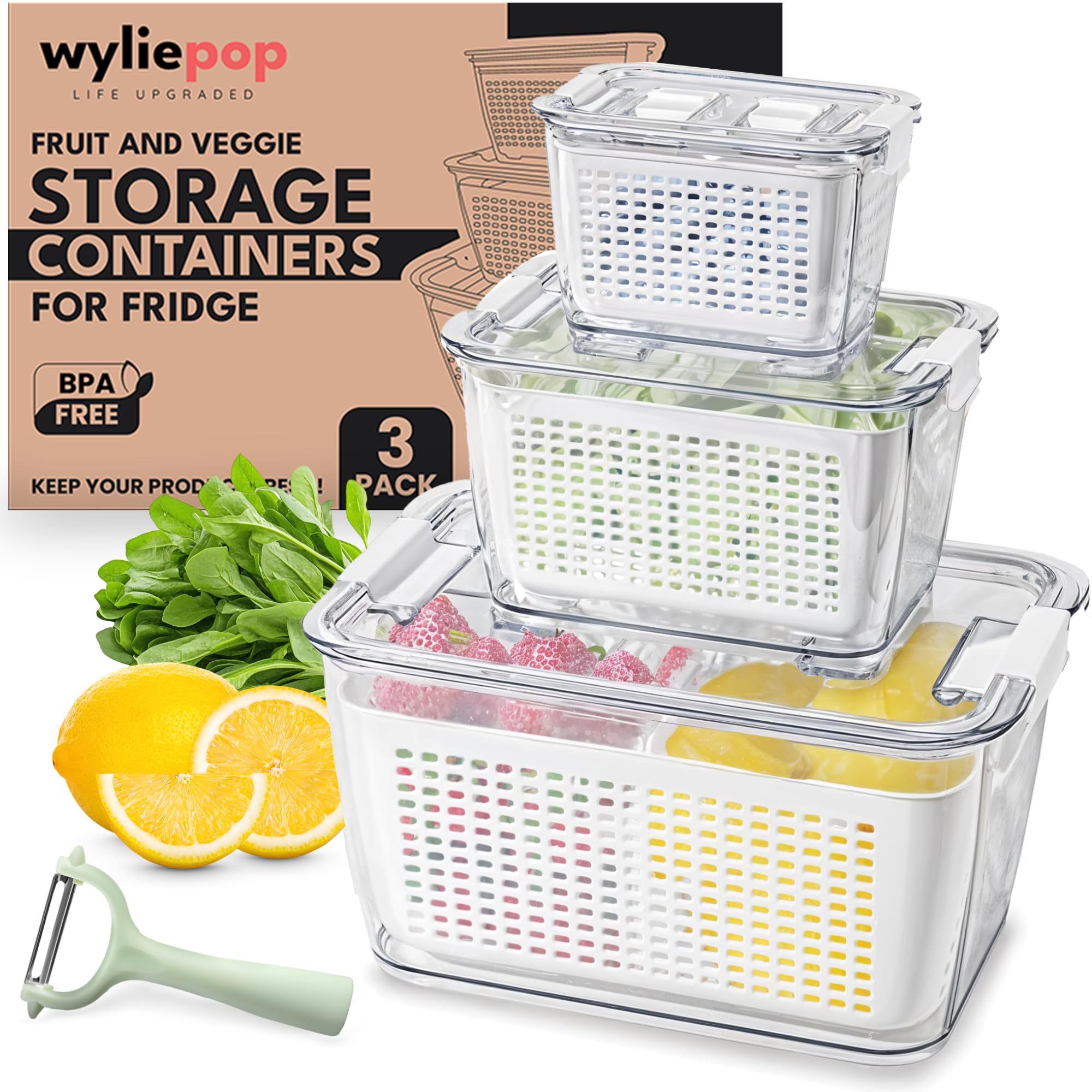 Photo 1 of Premium Fruit Storage Containers for Fridge with Veggie Peeler – 3-in-1 Produce Containers for Fridge with Strainer & Removable Colander – Large, Clear Fruit and Vegetable Storage Organizer (Set of 3)