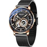 SOLLEN Men Automatic Skeleton Watch,Mechanical Watch with 24-Hour Subdial | Self-Winding Open Heart Dial with Sub-Dials,Rose Gold Case,Stainless Steel Mesh Band,30M Water Resistant,Gift for Men