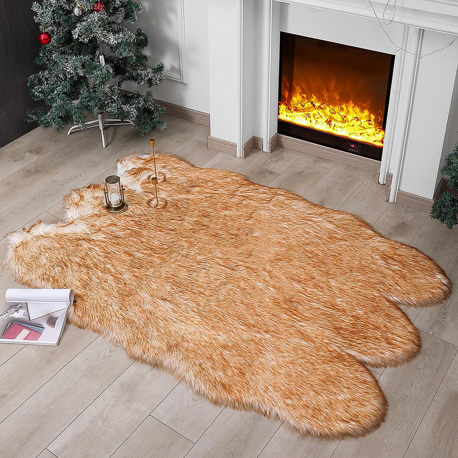 Photo 1 of linmopm Faux Fur Rug Sheepskin Shag Fluffy Fuzzy 4x6 ft Rugs for Bedroom Bedside Bed Floor Living Room Plush High-Density Cushion Carpet Super Sofa Cover White and Yellow