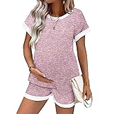 Ekouaer Maternity Pajamas 2 Piece Outfits Waffle Knit Short Sleeve Tops and Shorts Loungewear Set Pregnancy Clothes