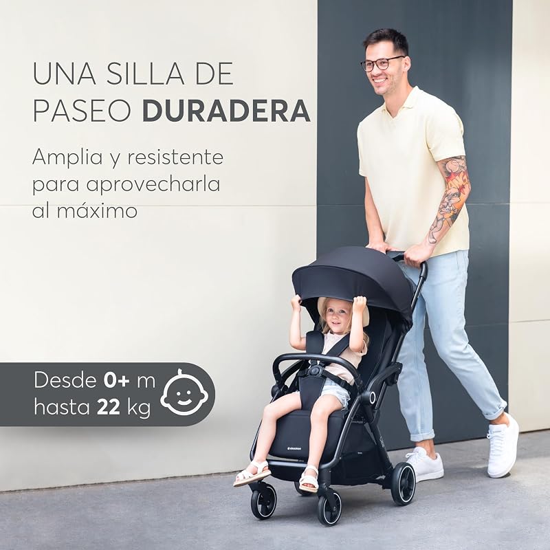 KikkaBoo Silla de Paseo Ligera CIELA, Carrito Bebé Compacto hasta 22 kg, Plegado Automático, Reclinable, Superligero, Tamaño Cabina Avión, Negro