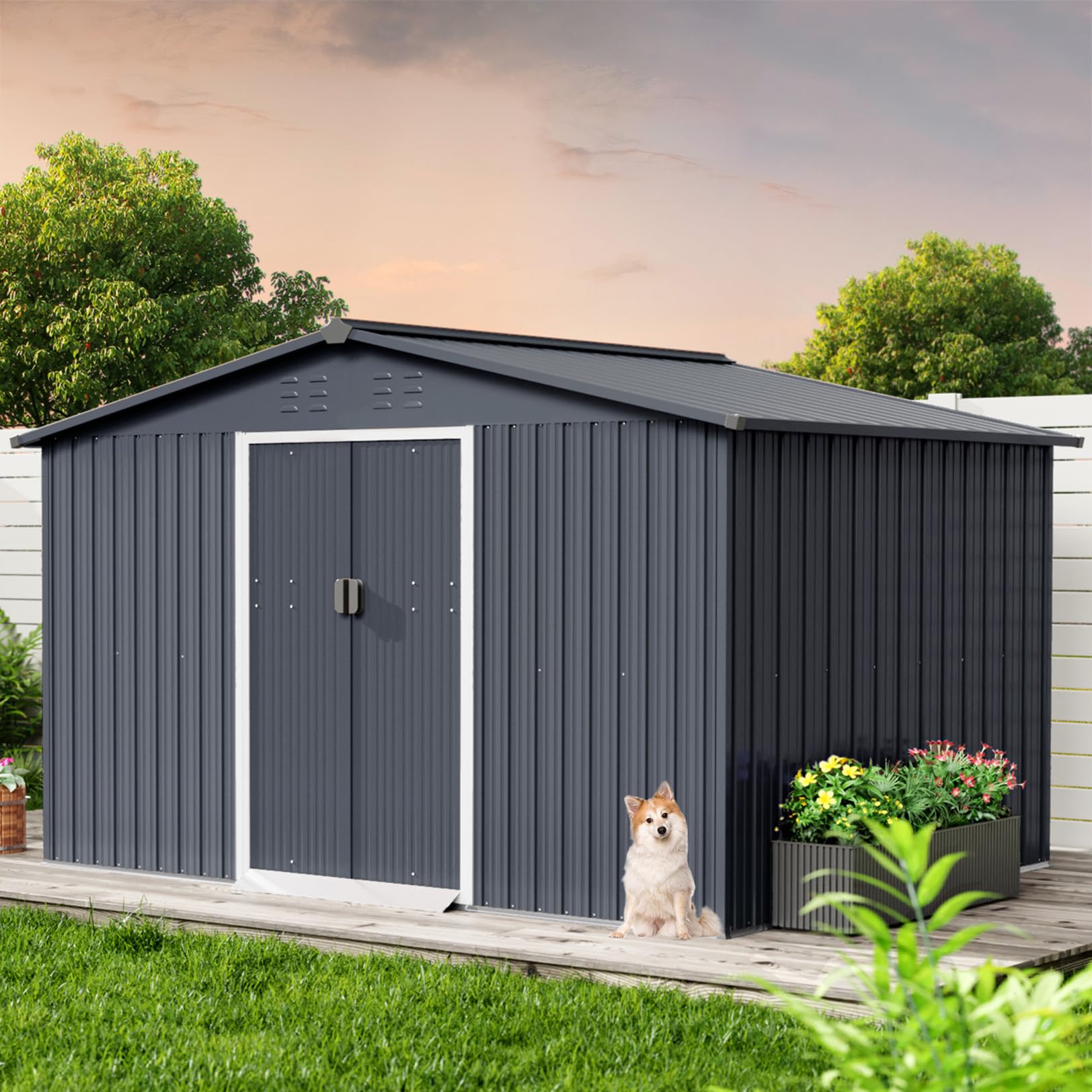 Photo 1 of ******PARTIAL SET BOX 1 OF 2******* Acekool 10x10 FT Outdoor Metal Storage Shed, Large Garden Tool Shed with Lockable Door and Vents, Waterproof Galvanized Metal Sheds for Tools & Equipment, Garbage Can, Bike, Mower, Gray