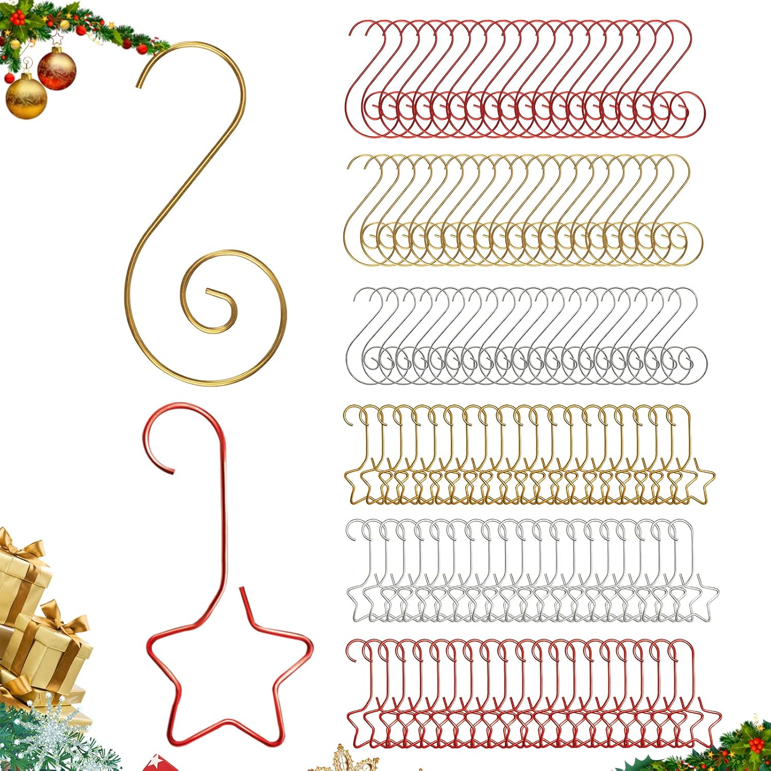 Ornament Hooks - NeverGarden 120Pcs Christmas Ornament Hooks for Hanging Christmas Tree Decorations, 60 S Hooks + 60 Star Hooks, Gold, Silver, Red