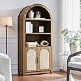 RowyPoey Arched Cabinet Bookshelf Bookcase - 69.3” Tall Mid Century Arched Display Cabinet, Rounded Bookshelf with Rattan Doors, Open Shelf Storage for Dining Room (Caramel Oak)