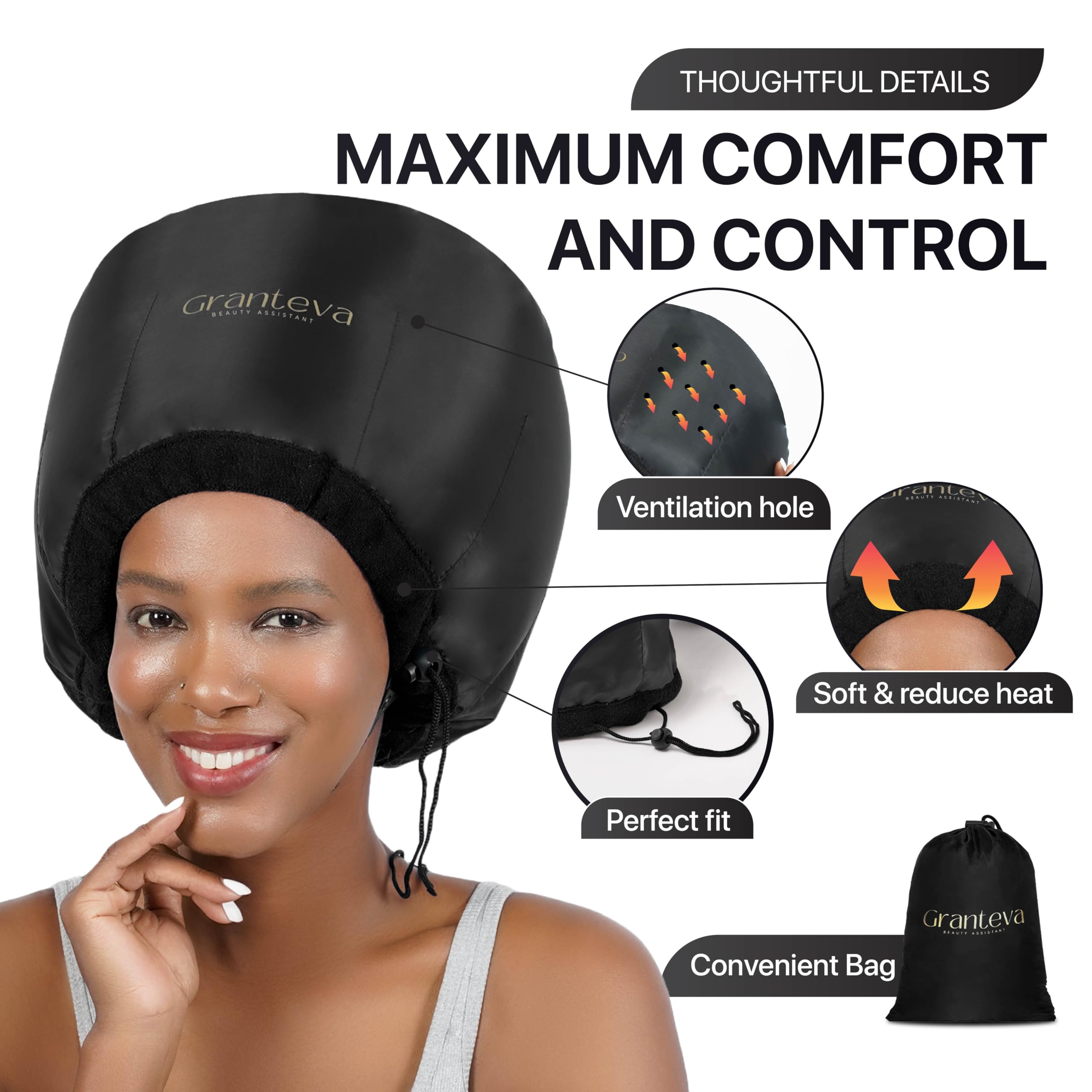 Hooded Hair Dryer Attachment w/A Headband Integrated That Reduces Heat Around Ears & Neck - Hair Dryer Hooded Diffuser Cap for Curly, Speeds Up Drying Time, Deep Conditioning At Home - Portable, Large