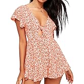 AGQT Women’s Sexy V Neck Self Tie Front Romper 2026 Summer Boho Short Jumpsuit Playsuit Outfit Mini Dress