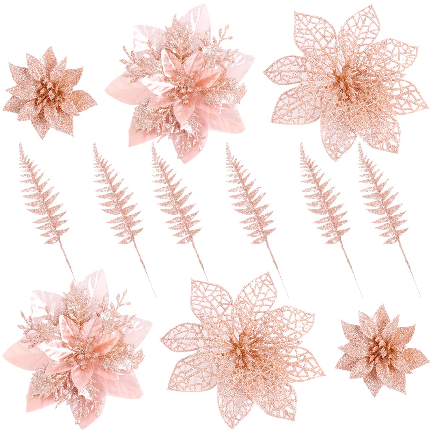 vannyster 30 Pcs 3 Styles Poinsettias Artificial Christmas Flowers Decorations Set, 18 Poinsettia Flowers Artificial with 12 Christmas Tree Picks for Xmas Decor Holiday Party Decorations(Rosegold)