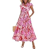 Kranda Women 2026 Summer Self-tie V Neck High Waist Ruffle Cap Sleeve Casual Long Boho Floral Tiered Maxi Dress with Pockets