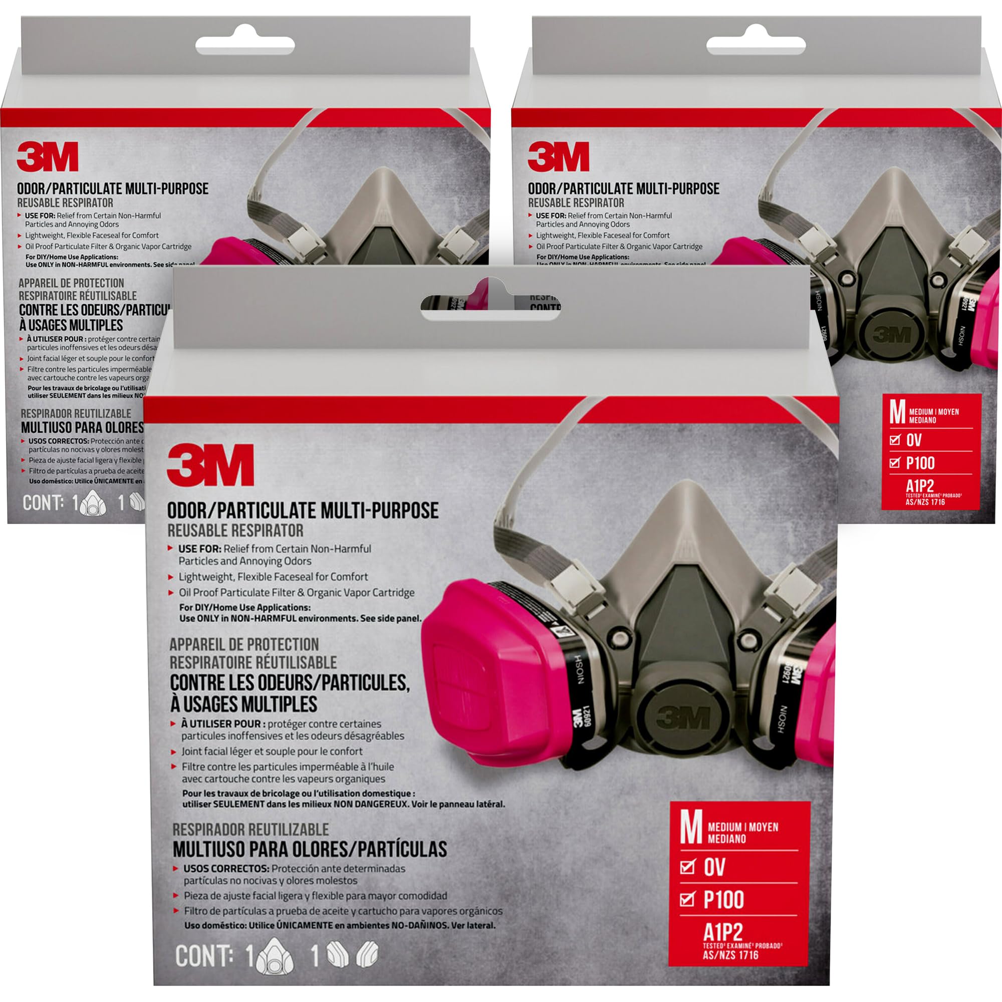 3M P100/OV Odor/Particulate Multi-Purpose Reusable Respirator 65021, Medium Size, NIOSH-APPROVED Organic Vapor Cartridge & P100 Rated Filters, Flexible, Thermoplastic Faceseal For Comfort (65021H1-DC)
