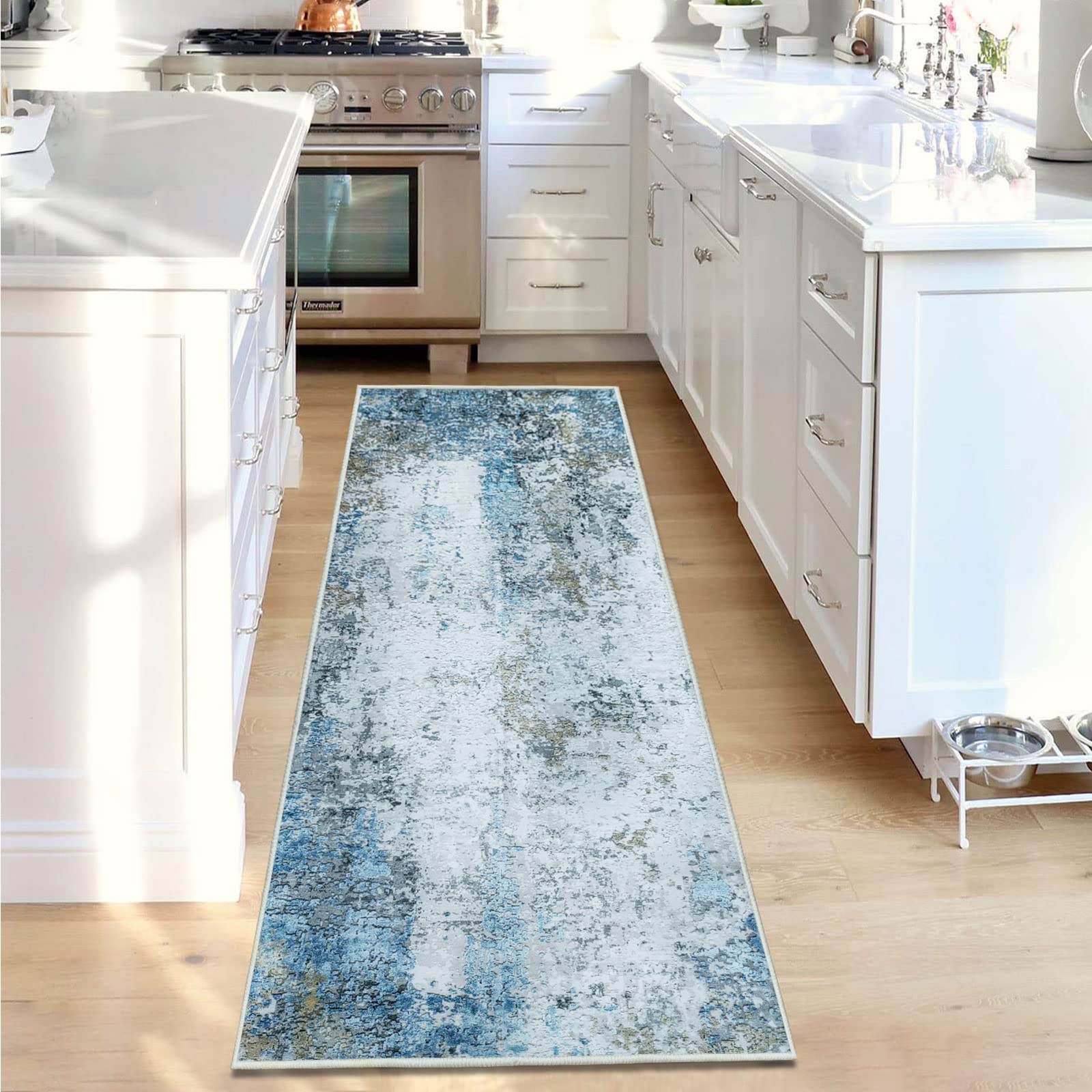 JURLEA Hallway Runner Rug 60 x 180 cm, Non Slip Washable Carpet Runner for Hallway Kitchen Living Room Cream Blue No Shedding Carpet