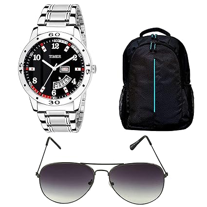 Timer Combo of Laptop Bag and Analog Black Dial Watch with Sunglass for Men & Boys