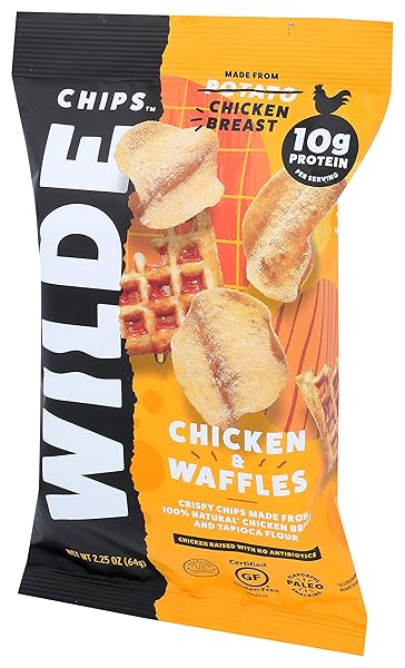 CHICKEN AND WAFFLES CHICKEN CHIPS BY WILDE CHIPS, THIN AND CRISPY, HIGH PROTEIN, KETO, PALEO FRIENDLY, MADE WITH REAL CHICKEN, 2.25OZ BAG