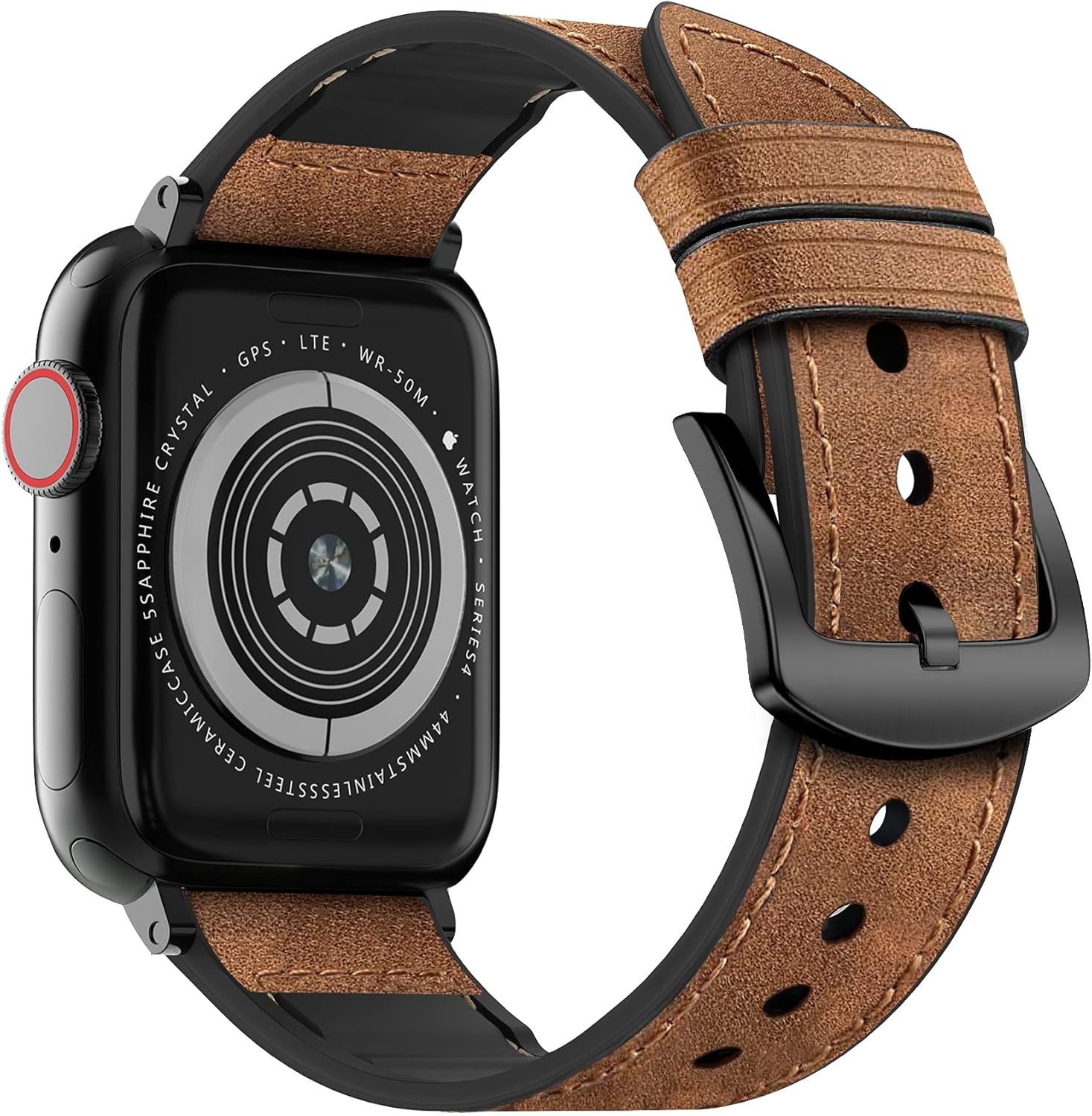 MARGE PLUS Compatible Apple Watch Band 44mm 42mm, Sweatproof Hybrid Genuine Leather and Silicone Sports Watch Band Replacement for iWatch SE Series 6 5 4 3 2 1, Brown,42mm
