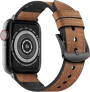 MARGE PLUS Compatible Apple Watch Band 44mm 42mm, Sweatproof Hybrid Genuine Leather and Silicone Sports Watch Band Replacement for iWatch SE Series 6 5 4 3 2 1, Brown,42mm