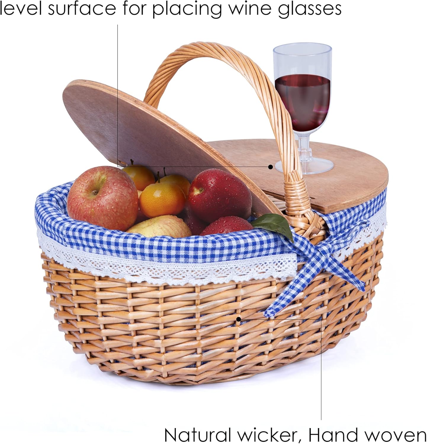 SatisInside Wicker Picnic Basket with Wooden Lids and Washable Liner - Stationary Handle - Blue: Kitchen & Dining
