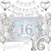 Sweet 16 Birthday Party Decorations for Girls - Colorful Silver 16th Happy Birthday Banner Heart Balloons Number 16, Photo Backdrop Crown Sash Party Supplies for Sixteen Years Old