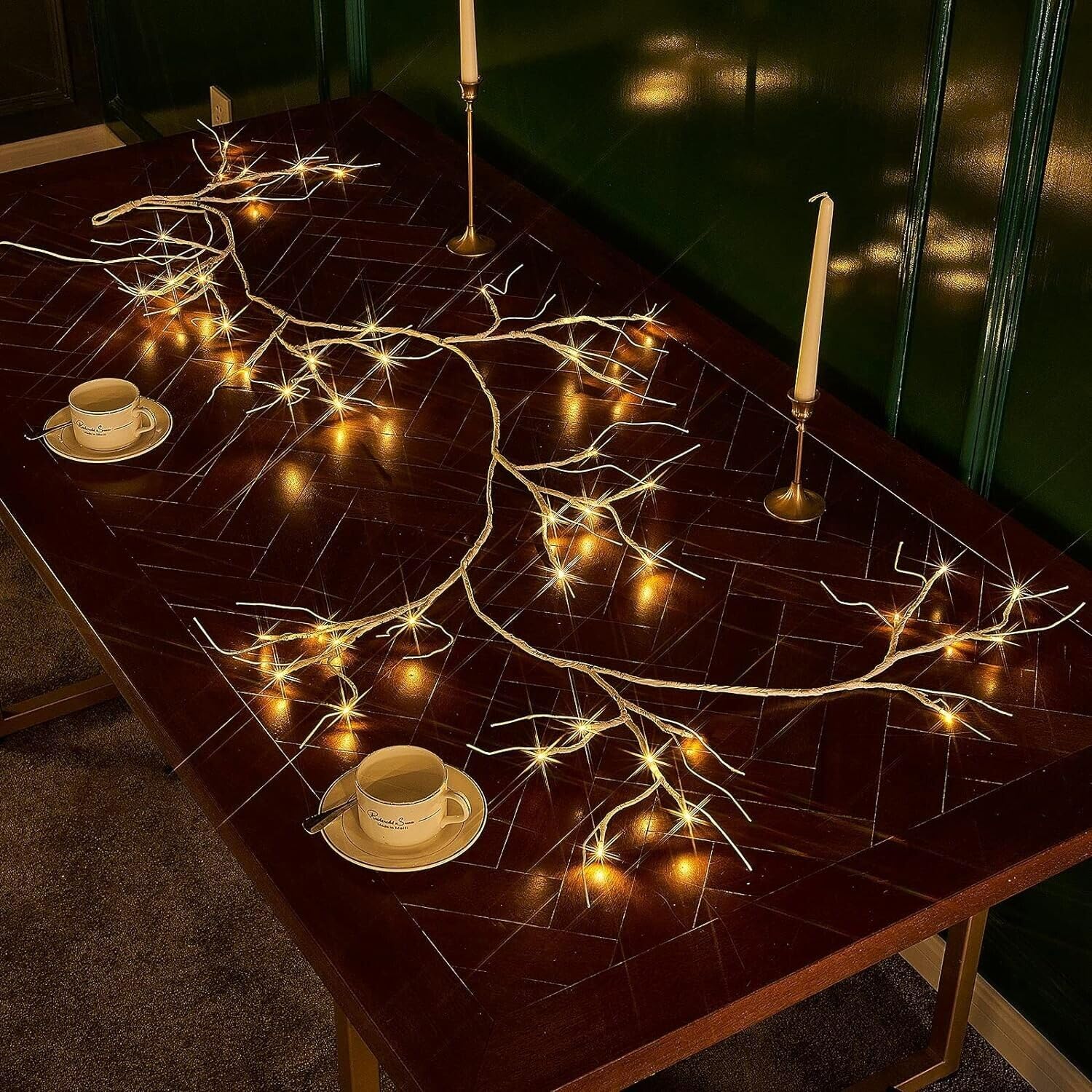 Marco Paul 6ft Pre-Lit Rustic Birch Twig Garland Centrepiece with 48 Warm White LED Lights - 180cm Battery Operated Indoor Garland for Mantel Table Wall & Stairs - Indoor Ambient Lighting & Decor