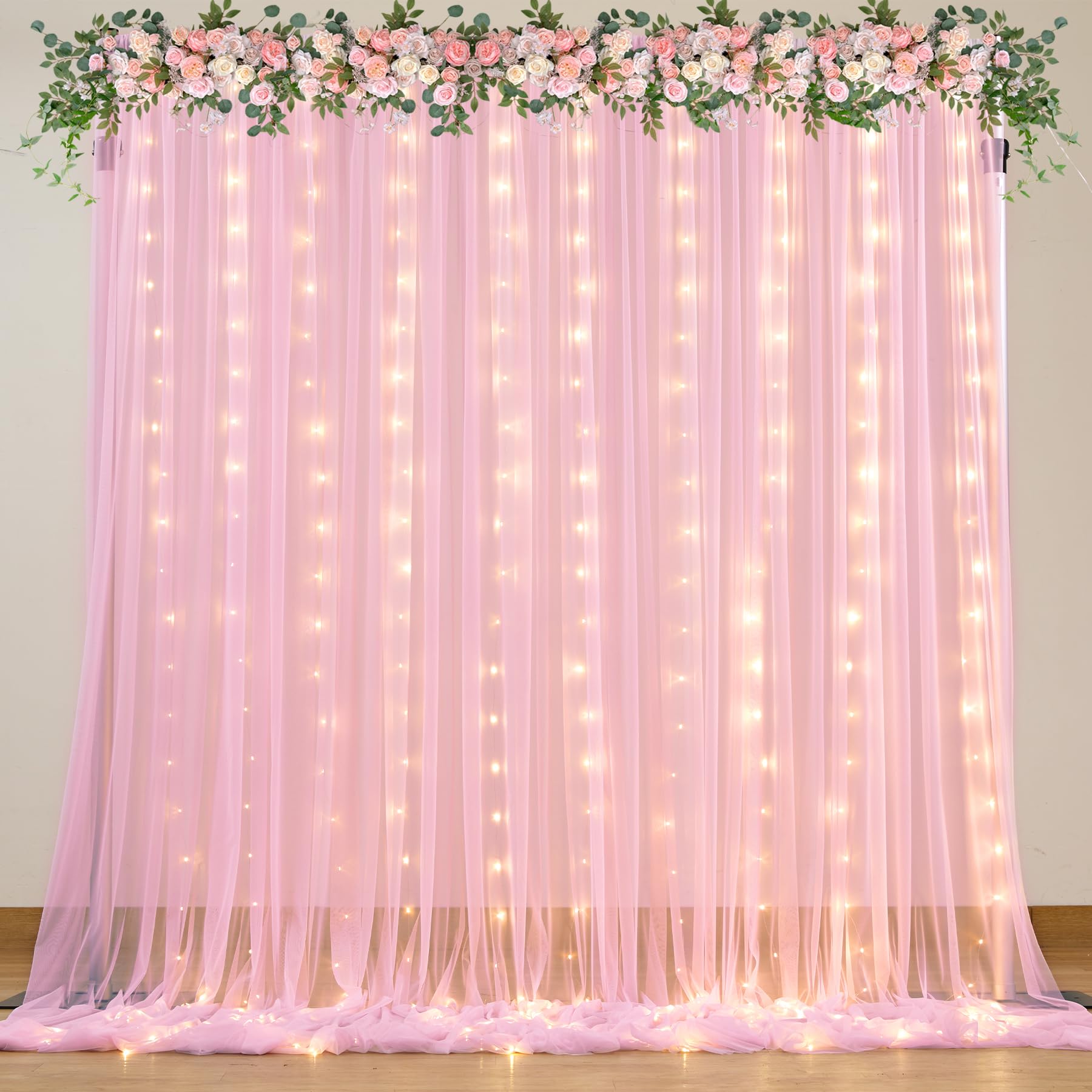 Photo 1 of Pink Sheer Curtains with Lights String Tulle Curtain for Living Room Bedroom Parites Wedding Birthday Decorations 2 Panels 5ft?8ft
