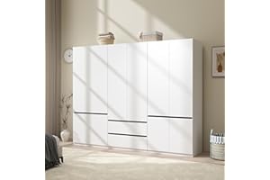 LABROSKIA Wardrobe Closet with 6 Doors: 75" White Armoire with 2 Drawers, Wooden Wardrobe for Hanging Clothes, Tall Storage Cabinet with Shelves and Hanging Rod