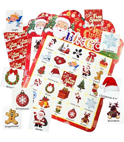 Juego De Bingo De Navidad – 24 Cartones, 12 Fichas, Cartas De Llamada E Instrucciones – Cartón Resistente – Ideal Para Fiestas Familiares Y Escolares