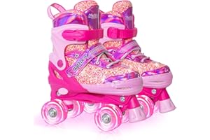 Nattork Kids Roller Skates for Girls Kids, 4 Sizes Adjustable Fluorescent Quad Skates with Light up Wheels - Cool Birthday Gi