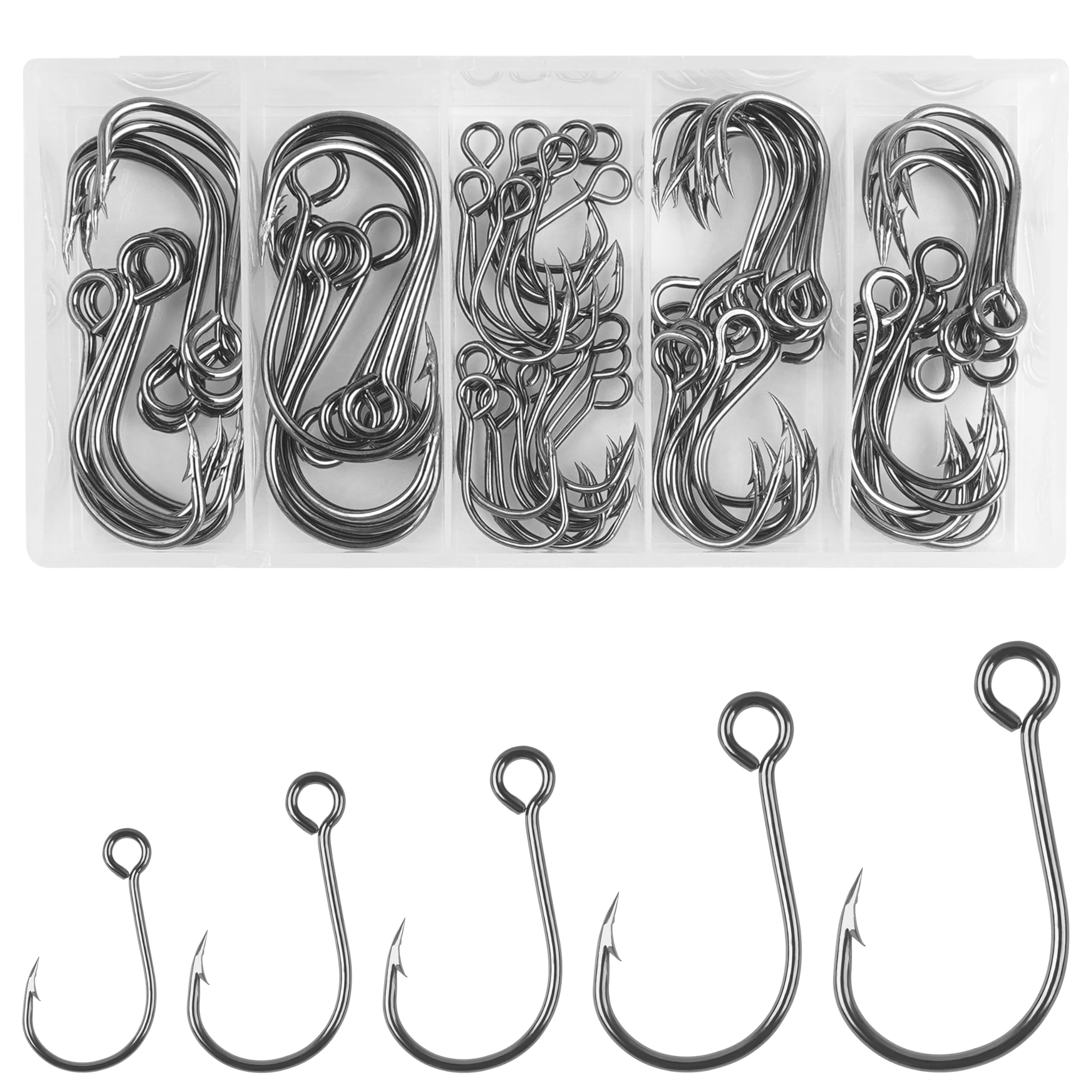 Inline Single Fishing Hooks Kit, 70pcs Single Replacement Hooks for Hard Lures High Carbon Steel Circle Large Eye Bait Hook for Bass Trout Lure Saltwater Freshwater (70PCS/BOX)