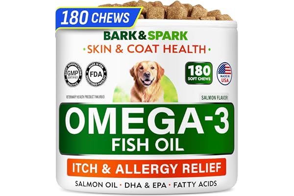 BARK&SPARK Omega 3 for Dogs - 180 Fish Oil Treats for Dog Shedding, Itch & Allergy Chews, Skin & Coat Support, Hot Spots - Jo