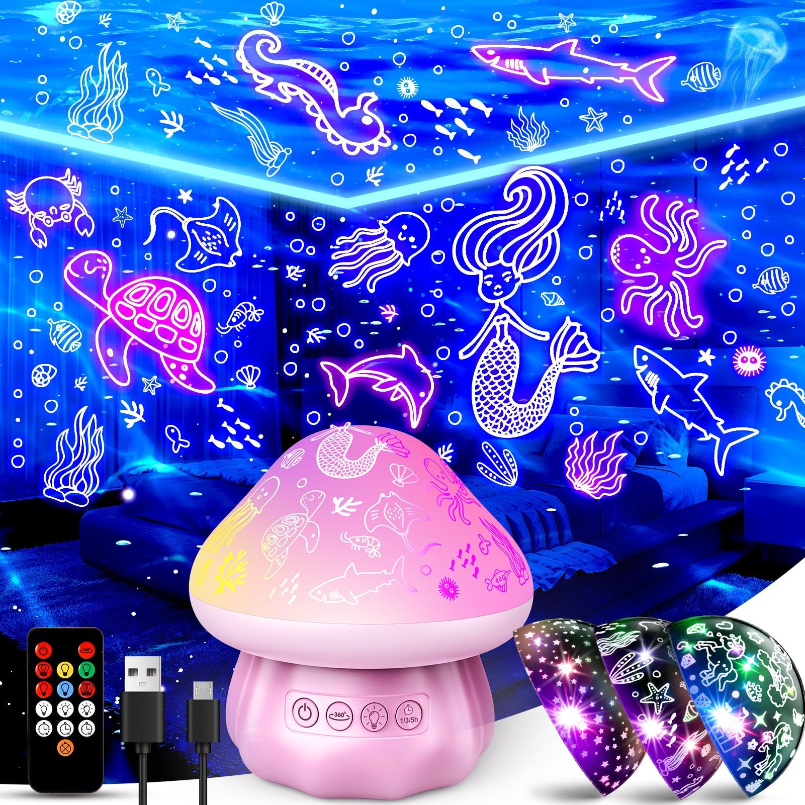 Hapikids Baby Night Light Projector, 360° Rotating+3 Films Sensory Lights for Babies Baby Lights Projector for Bedroom Sensory Toys Christmas Gifts for Kids Autism Toys Rechargeable Night Light Kids