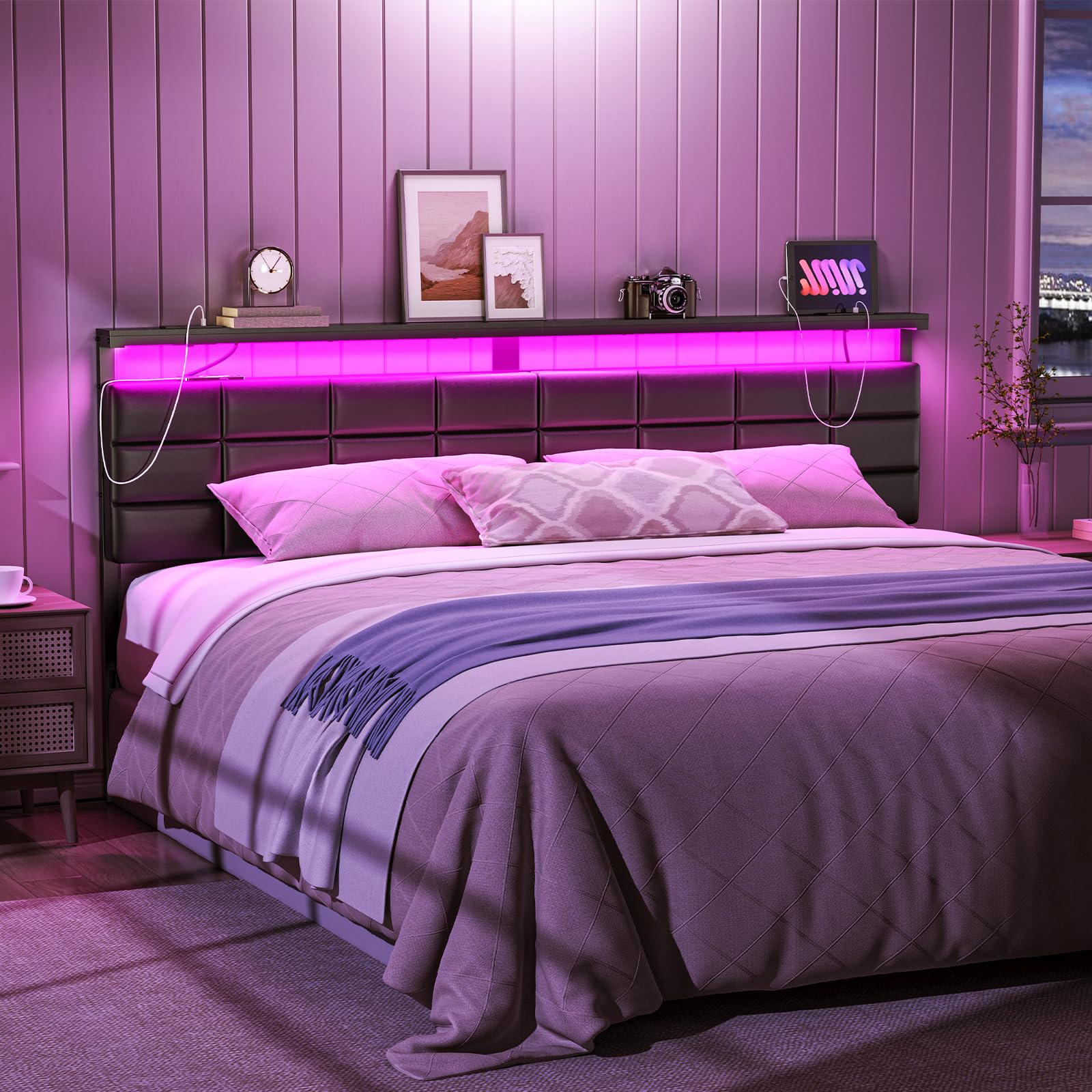 Headboard Stack Rack HOOBRO King Size Upholstered Headboard, Storage Rack with Charging ...