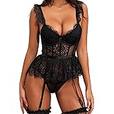 CHALOVELO Lace Bodysuit Women Lingerie Set Sexy Underwire Babydoll with Mini Skirt and Garter Corset Dress Rave Outfit S-2XL