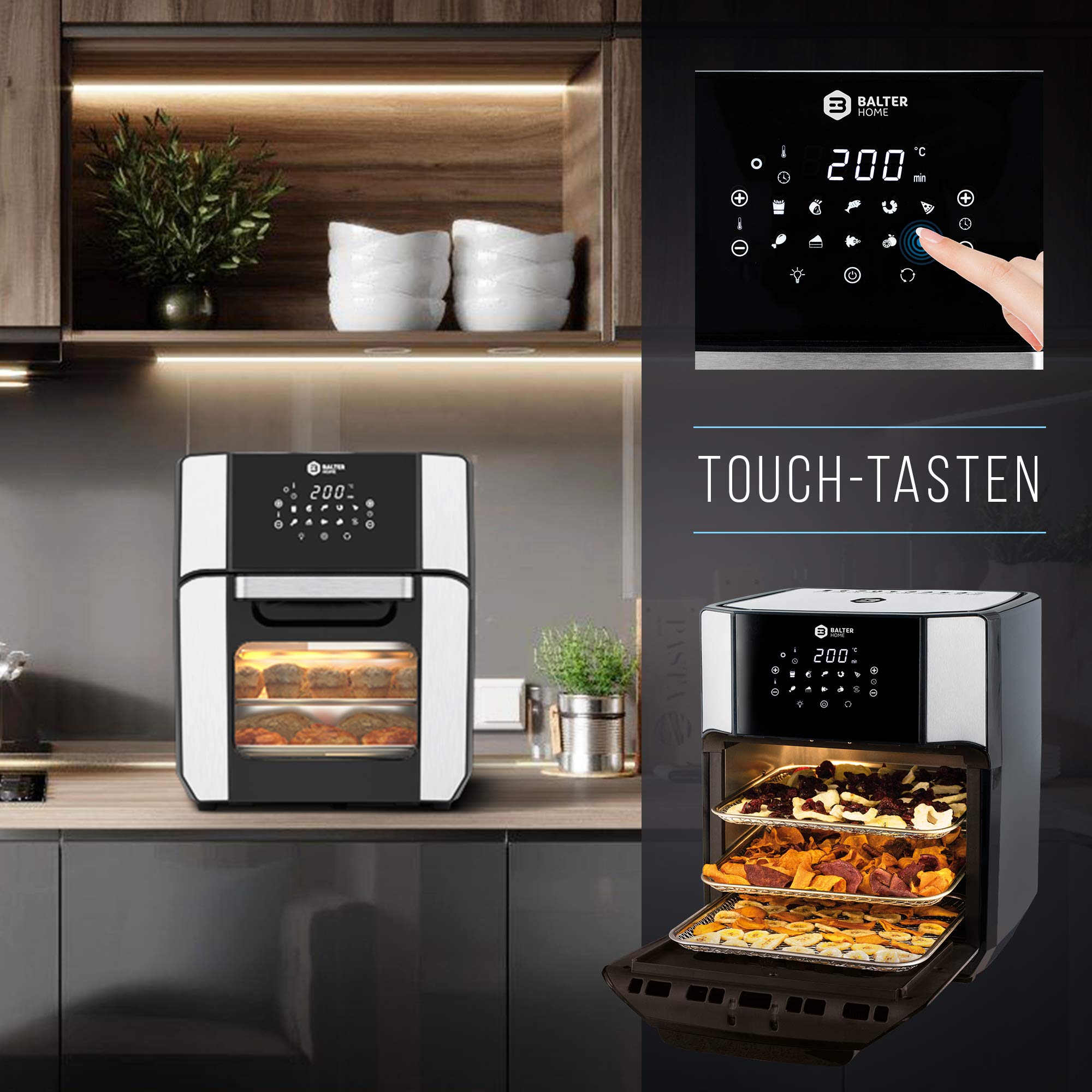 Balter Heißluftfritteuse Airfryer, 12 Liter XXL, Mini Backofen, Dörrautomat, Friteuse Heissluftfritteuse, 10 Programme, all-in-1 Air Fryer, Rezeptbuch, HL-1200 4