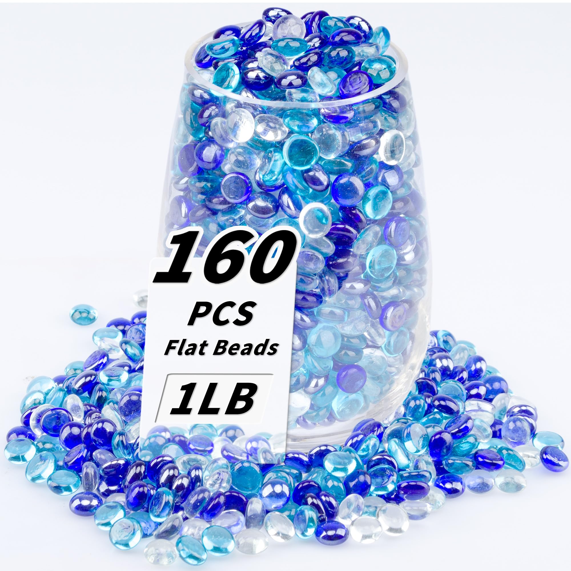 1 LB Mix Blue Flat Glass Beads, 160-180PCS Small Glass Marbles, Mini Flat Round Pebbles for Vase Filler and Floral, Fish Tank Rocks Decorative Gemstones for Home and Aquarium Décor