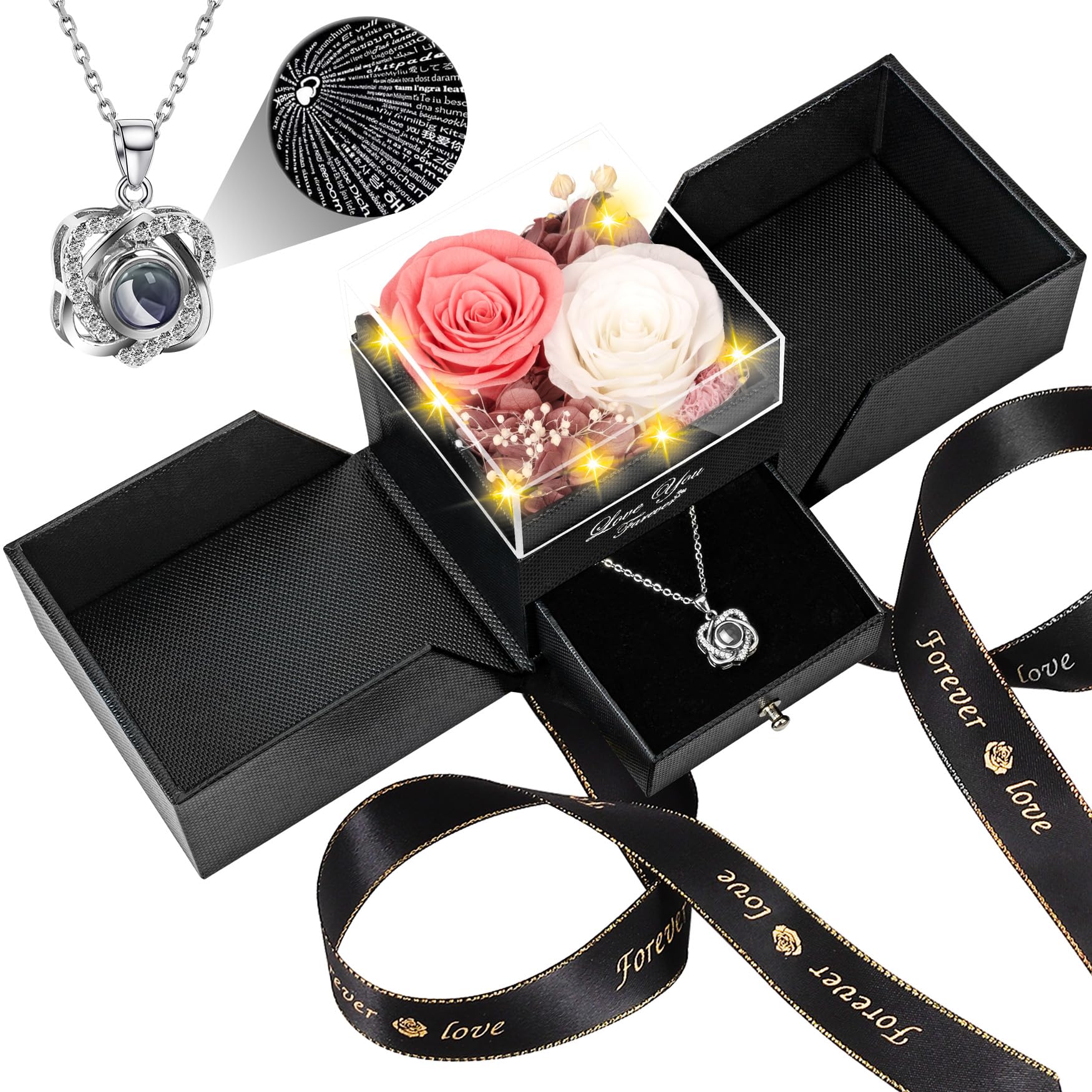 2 Preserved Real Rose with Heart I Love You Necklace- Eternal Rose Birthday Gifts for Women Wife Girlfriend Her Mom on Festivals Gifts Christmas Valentines Mothers Day Anniversary-Peach Pink White