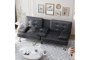 Shahoo Convertible Folding Futon Sofa Bed Sleeper Couch for Living Room Faux Leather Upholstered Loveseat w/Removable Armrests, Metal Legs, 2 Cup Holders, Black