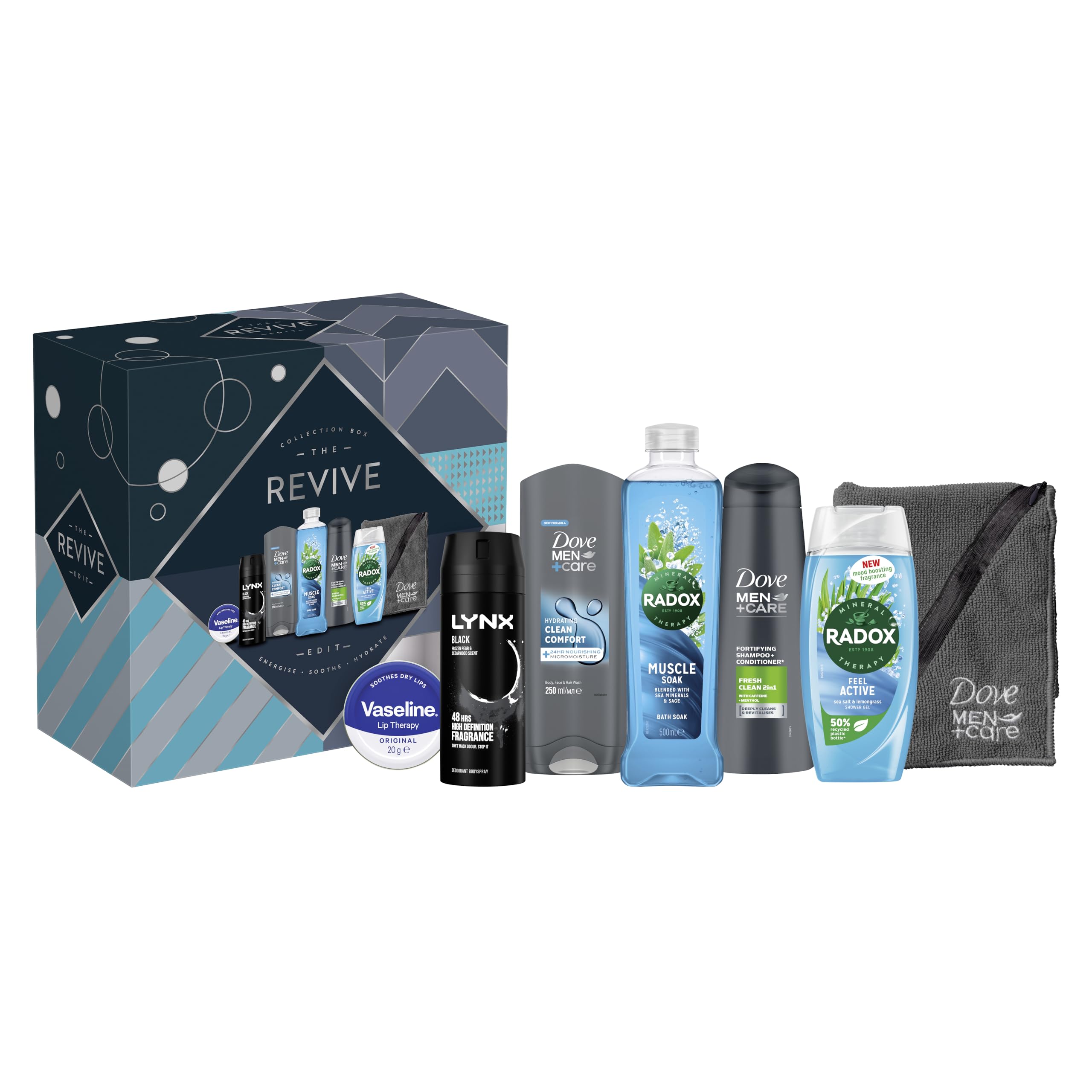 Radox, Dove, Lynx & Vaseline Revive Edit Collection Box with a Gym Towel Gift Set perfect gifts for him 7 piece