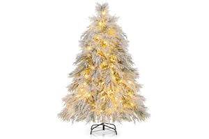 HAPPYGRILL 4.5 FT Pre-Lit Flocked Christmas Tree, Hinged Artificial Xmas Tree with 150 Warm White LED Lights, 279 Branch Tips