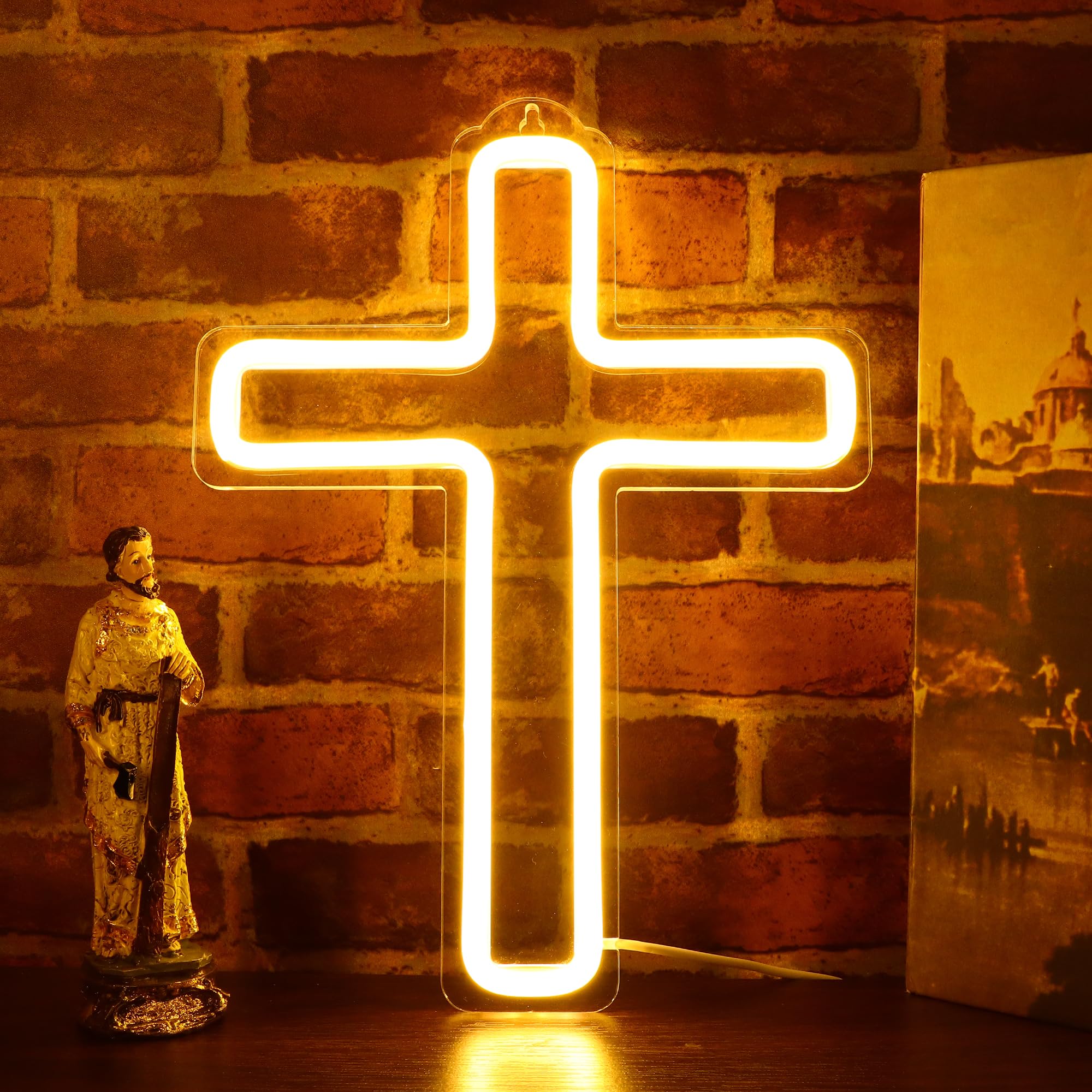 Jesus Cross Neon Signs LED Neon Hanging Wall Night Lights for Christmas Christ Home Decor Gifts, Soft Warm White Color Night Lamp