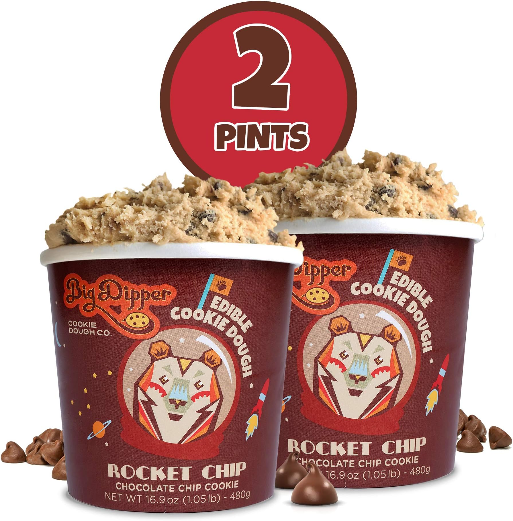 Eggless Raw Edible Cookie Dough, Chocolate Chip Edible Frozen Cookie Dough - Big Dipper Dough Co: (2 Pints of Rocket Chip - 33.8 Ounces)