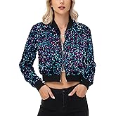 Anna-Kaci Women's Sparkly Sequin Jacket Cropped Two-Way-Zipper Glitter Party Club Bomber Jacket