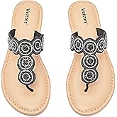 Veittes Women's Flat Slide Sandals - Comfortable Fashion Bling Bohemian T-Strap Slip on Summer Thong Sandals