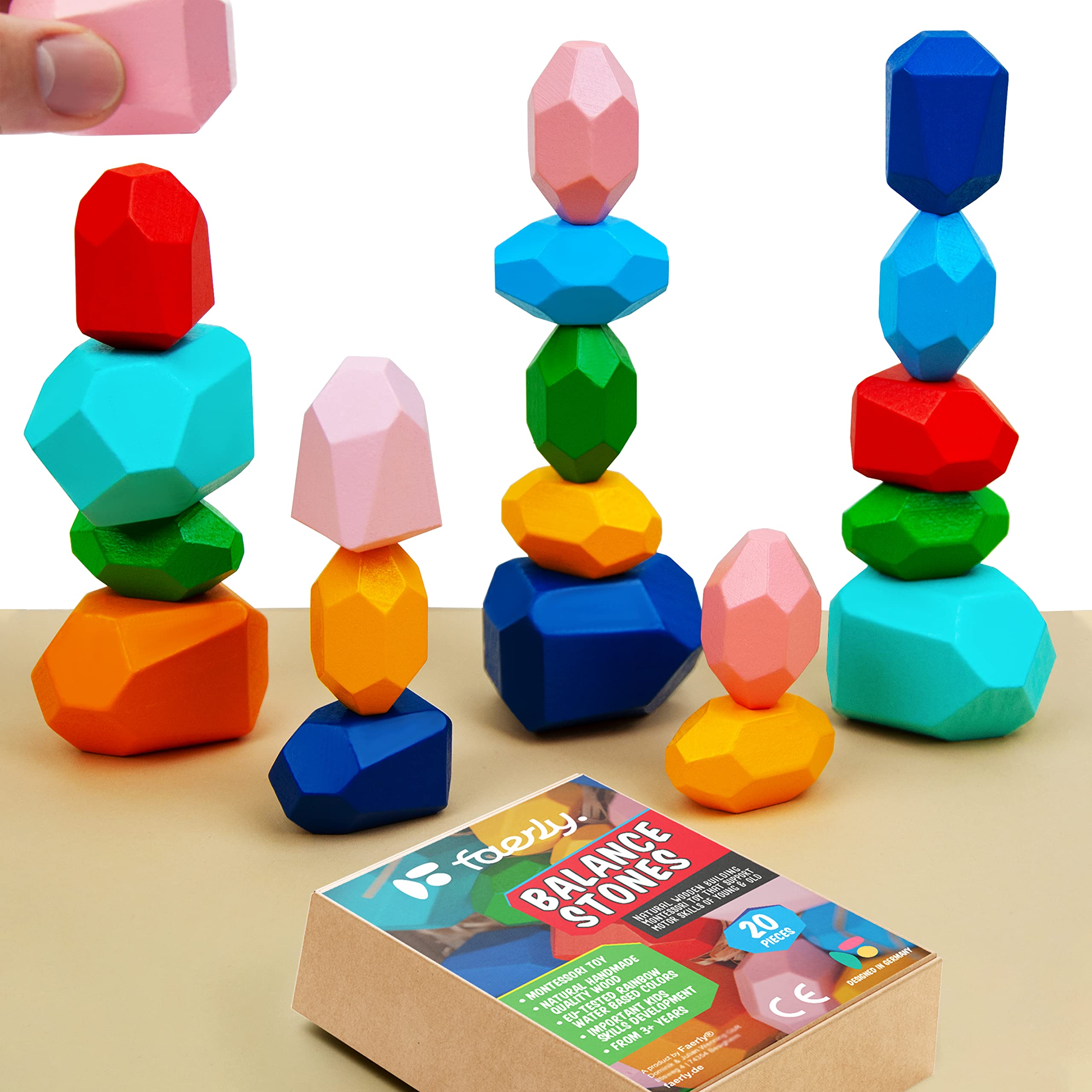 Faerly® Montessori 20-Piece Stacking Blocks for Children Toy Wooden Learning Toy Wooden Building Blocks Wooden Toy Natural Balance Stacking Rainbow Decoration Wooden Toy Building Blocks